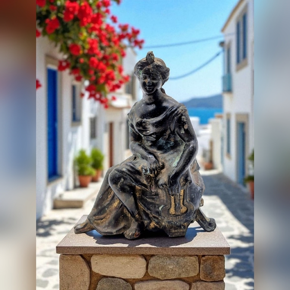 Antique Greek Muse With Lyre Metal Statue